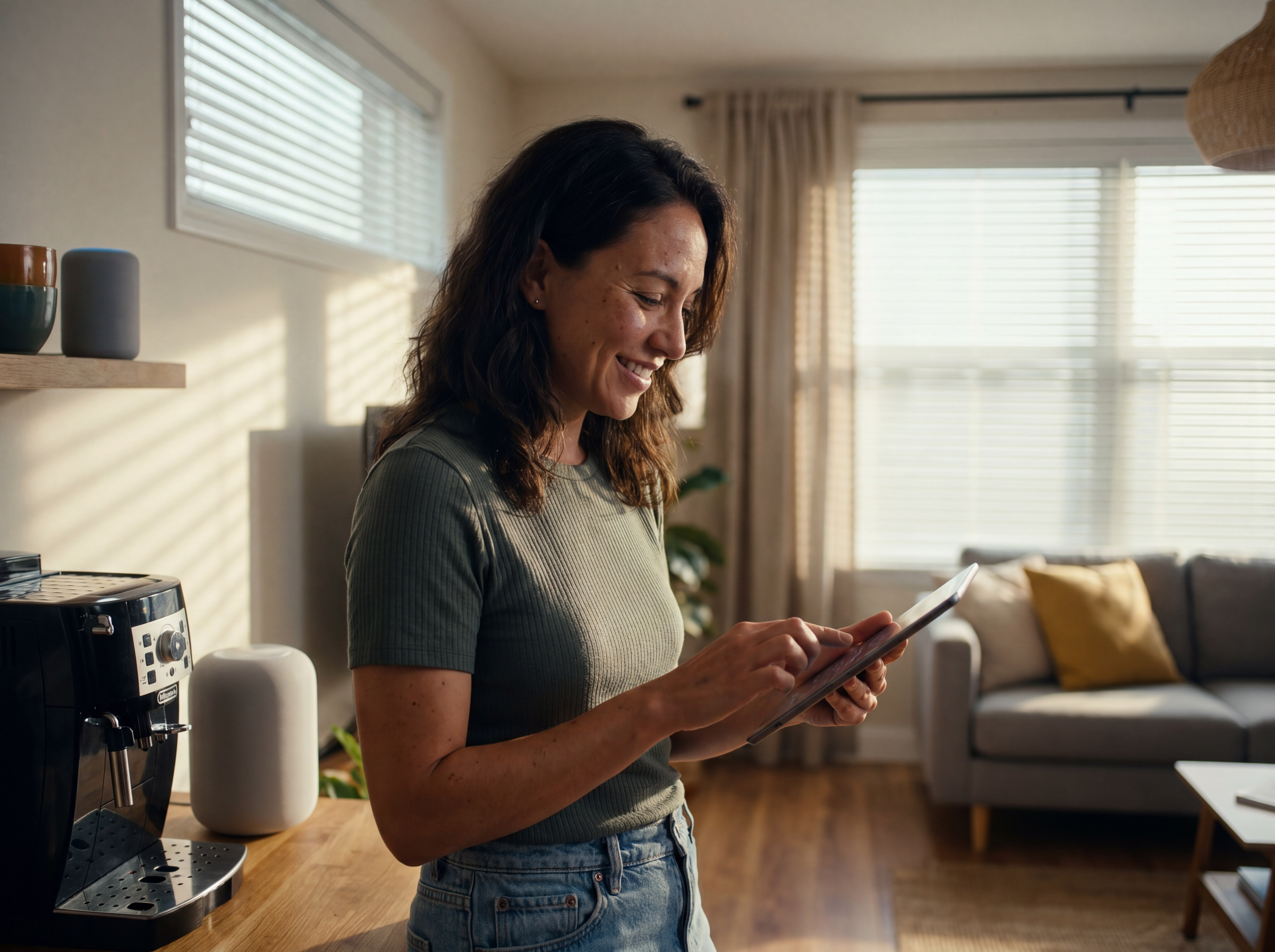 Frau bedient zentrale Smart Home Steuerung